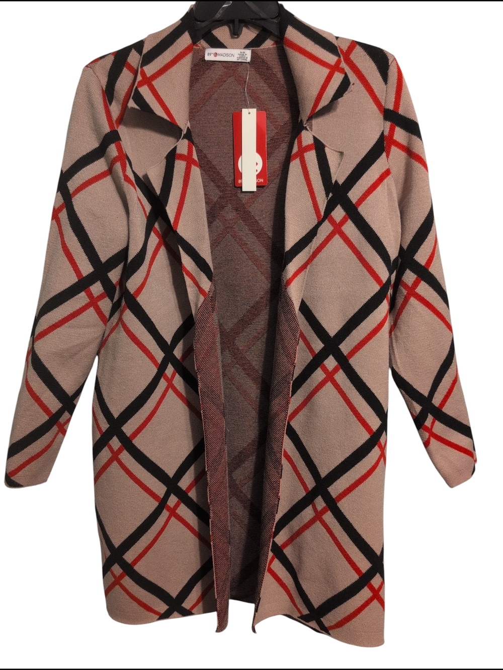 Nwt 89th & Madison Camel Luxe Plaid Open-Front Cardigan Sweater Jacket Medium